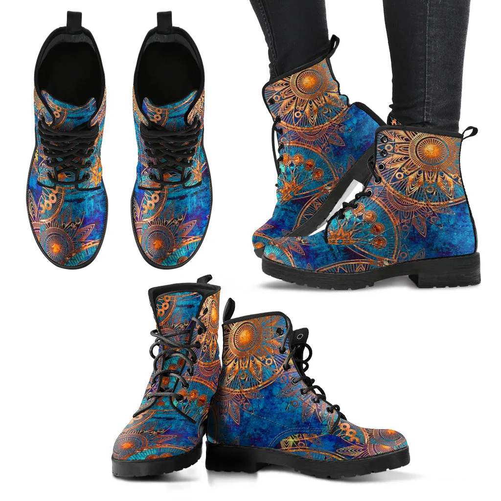 Combat Boots for Women - Blue Gold Boots with Grunge Mandala | Unique Custom Faux Leather Shoes, Cruelty-free Vegan Handmade Lace Up
