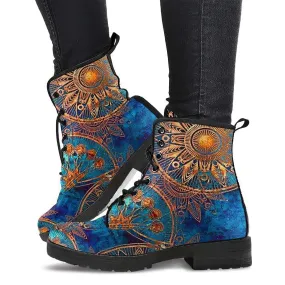 Combat Boots for Women - Blue Gold Boots with Grunge Mandala | Unique Custom Faux Leather Shoes, Cruelty-free Vegan Handmade Lace Up