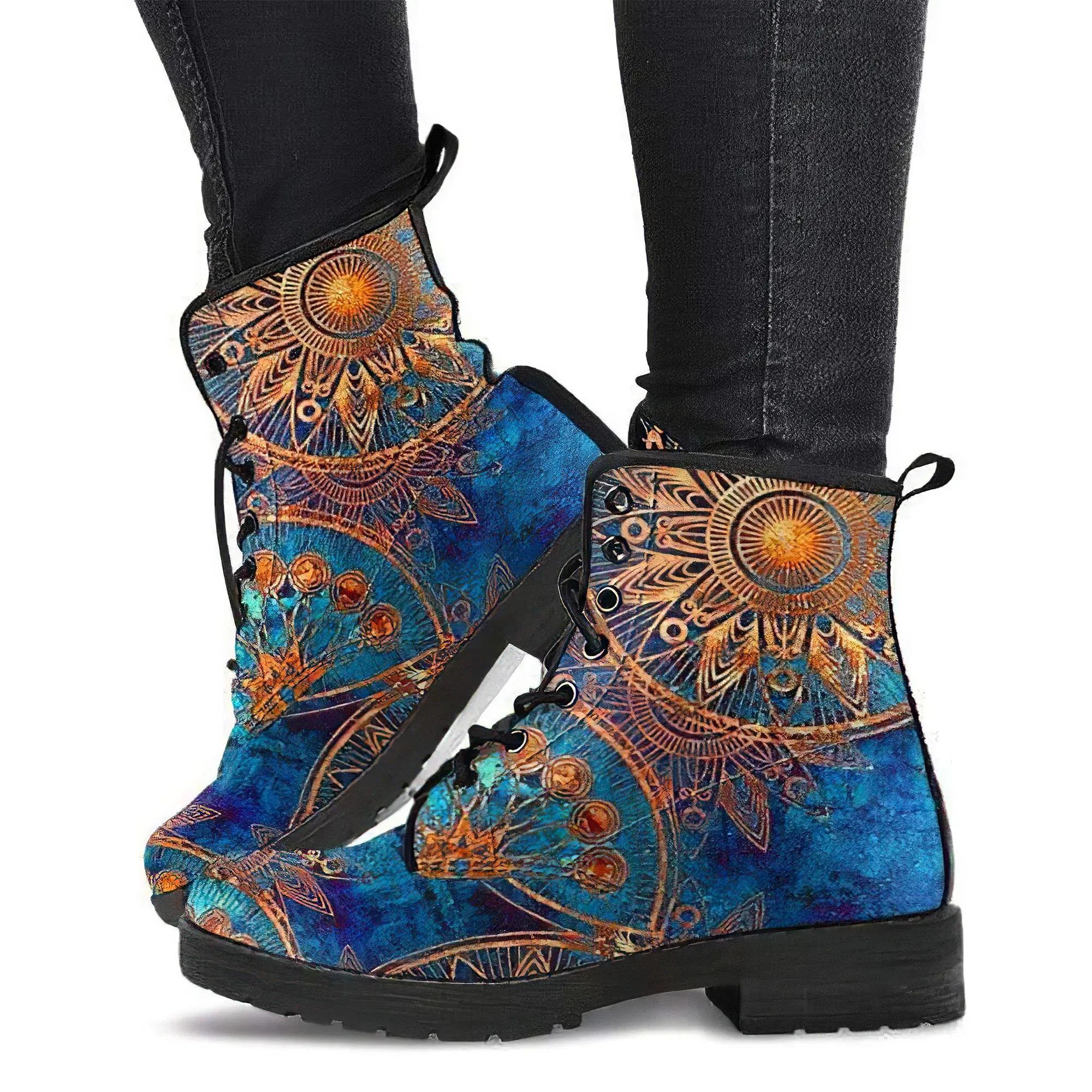 Combat Boots for Women - Blue Gold Boots with Grunge Mandala | Unique Custom Faux Leather Shoes, Cruelty-free Vegan Handmade Lace Up