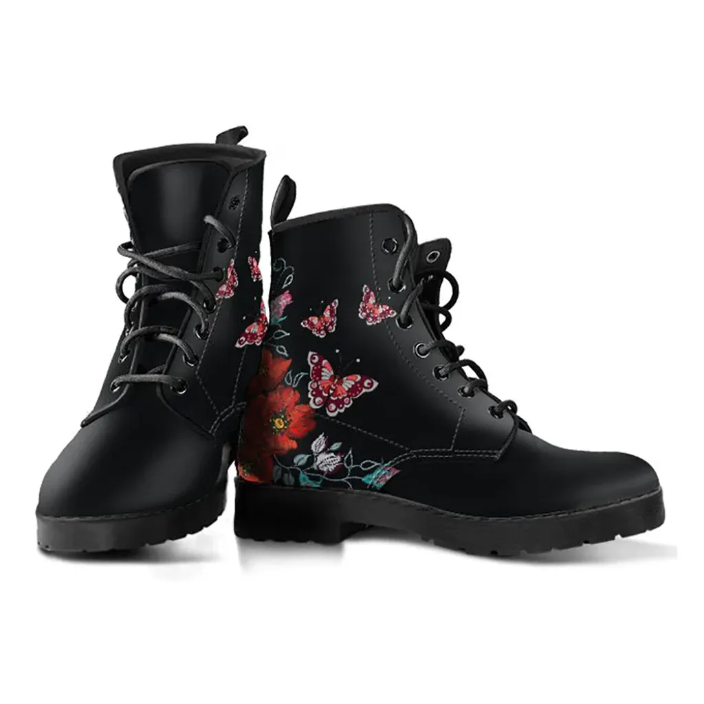 Combat Boots for Women - Butterfly and Flowers Handcrafted Boots | Unique Custom Faux Leather Shoes, Cruelty-free Vegan Handmade Lace Up