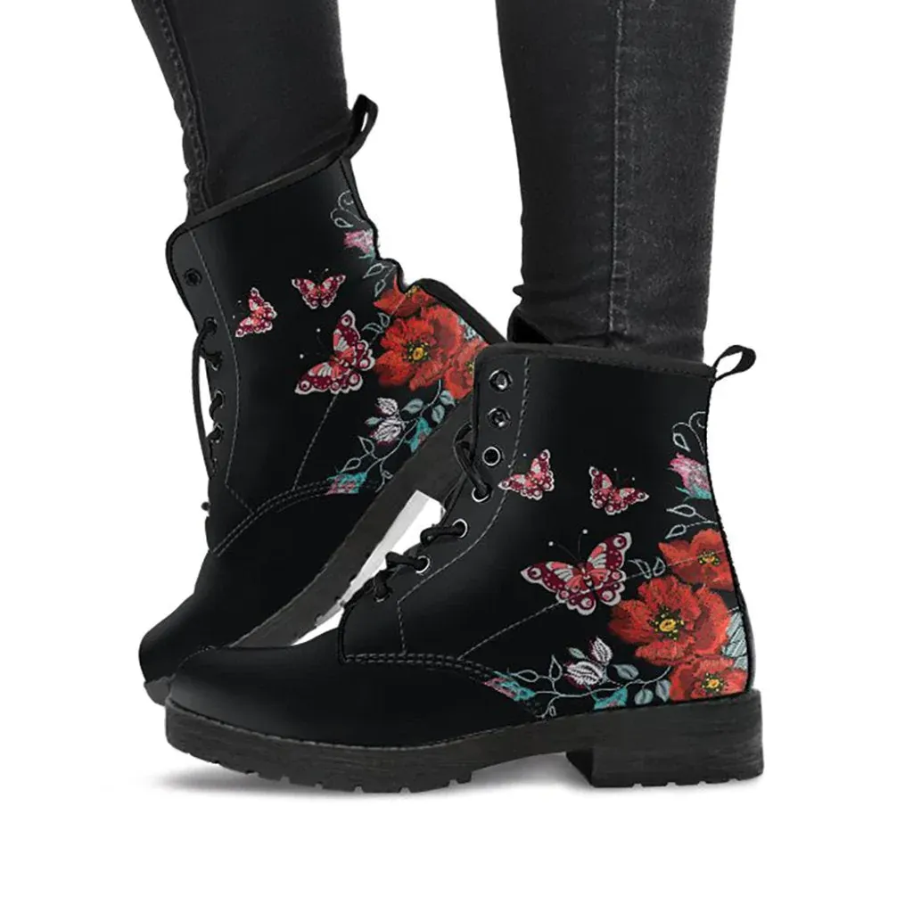 Combat Boots for Women - Butterfly and Flowers Handcrafted Boots | Unique Custom Faux Leather Shoes, Cruelty-free Vegan Handmade Lace Up
