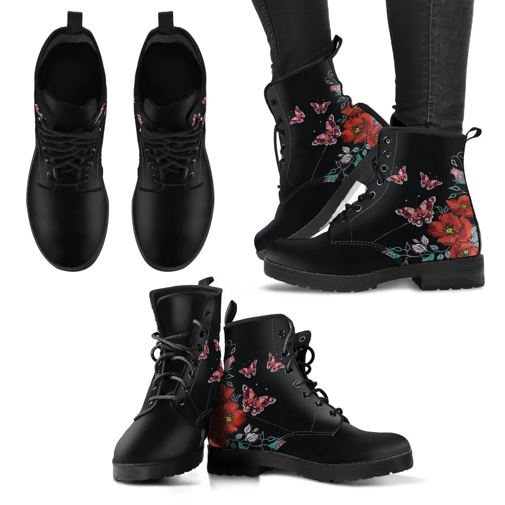 Combat Boots for Women - Butterfly and Flowers Handcrafted Boots | Unique Custom Faux Leather Shoes, Cruelty-free Vegan Handmade Lace Up